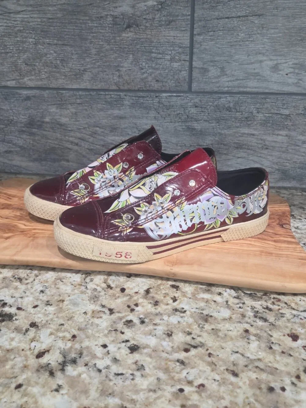Christian Audigier Womens Sneakers Size 9 US Tattoo Maroon Patent Leather Y2K